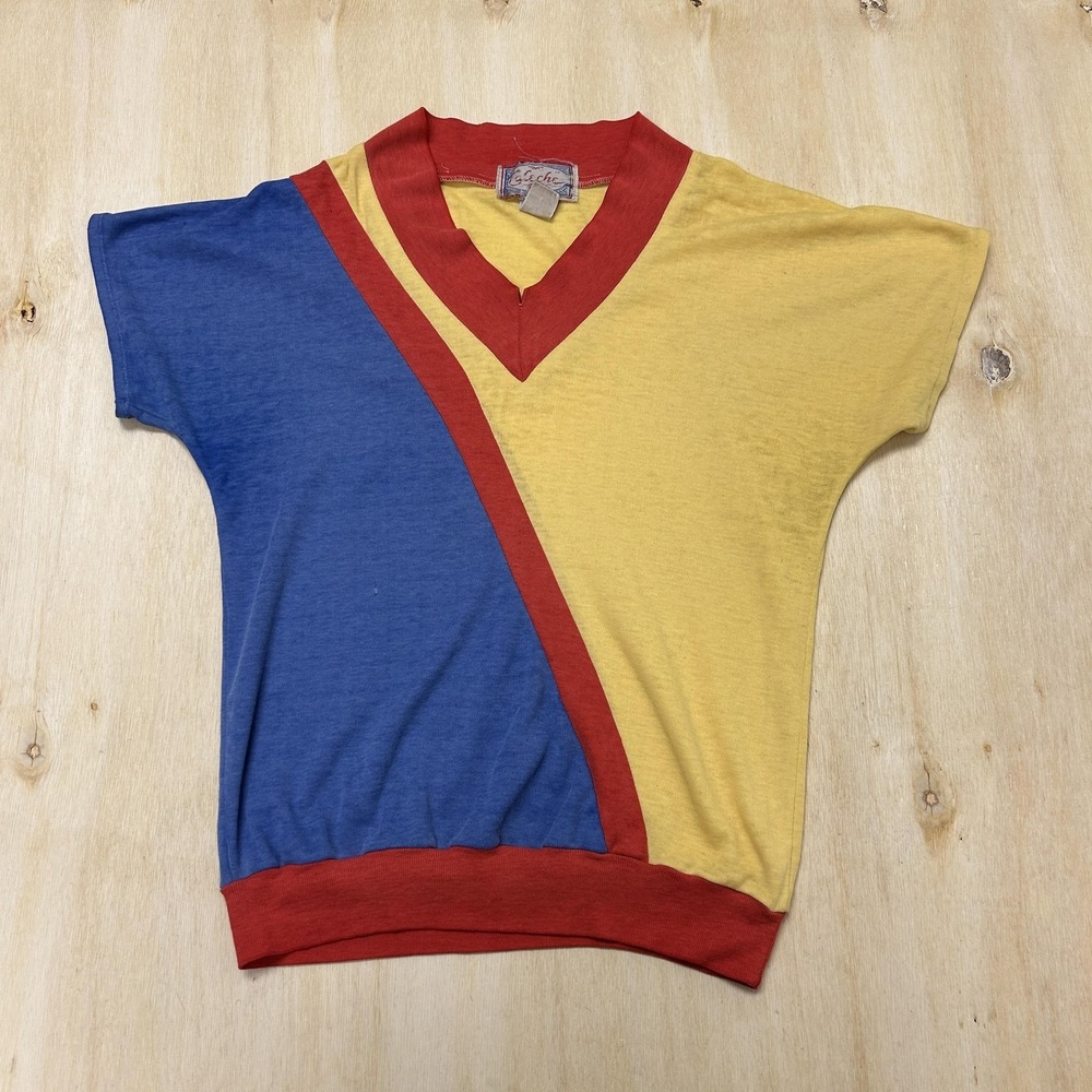 Vintage 80s Colorblock Dolman V-Neck Top Caleche Shirt Womens Medium Multicolor - Picture 1 of 6